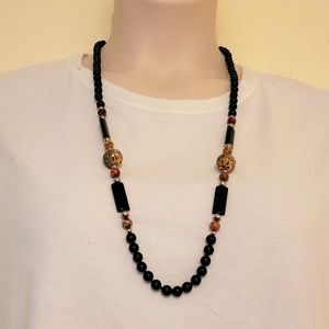 Hand-knotted Onyx Bead Necklace with Cloisonne, Tiger's Eye and Hematite Veads